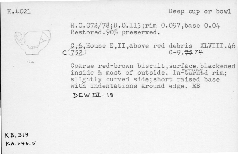 Index card with typed and handwritten information, sometimes including a sketch, of pottery from an excavation.
