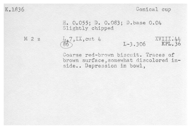 Index card with typed and handwritten information, sometimes including a sketch, of pottery from an excavation.