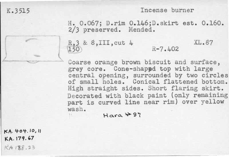 Index card with typed and handwritten information, sometimes including a sketch, of pottery from an excavation.