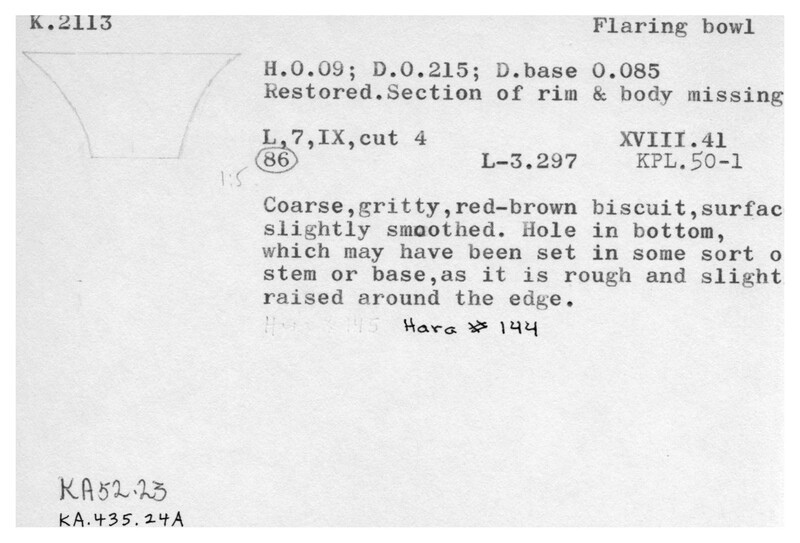 Index card with typed and handwritten information, sometimes including a sketch, of pottery from an excavation.