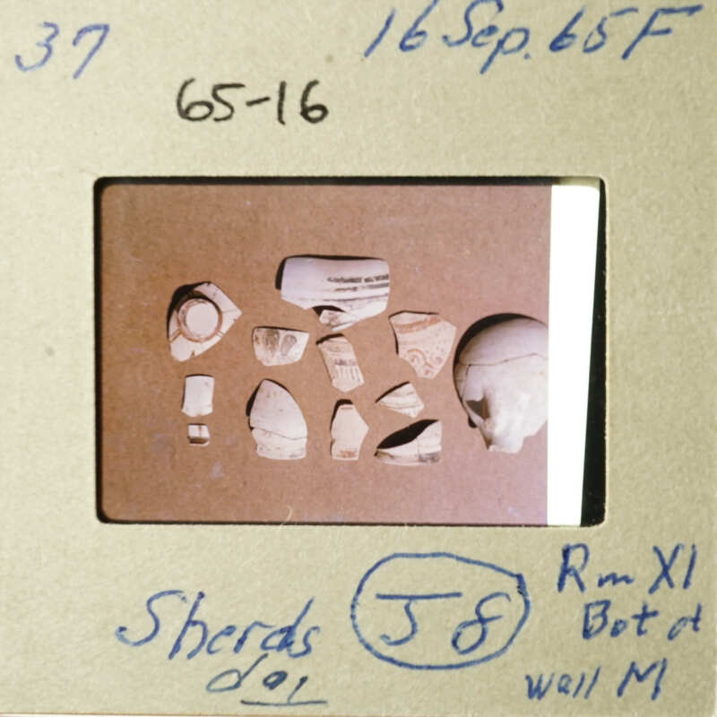 The image shows a collection of broken pottery pieces on a table.