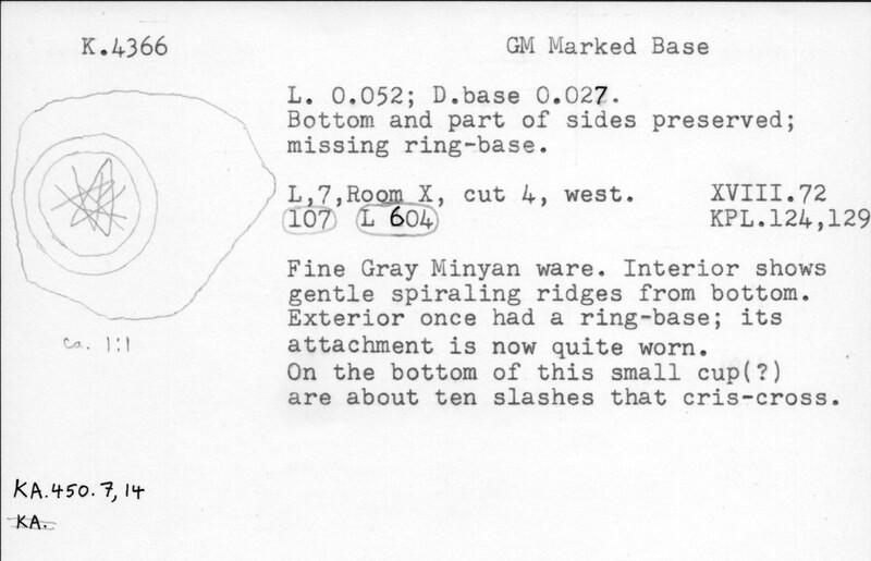 Index card with typed and handwritten information, sometimes including a sketch, of pottery from an excavation.
