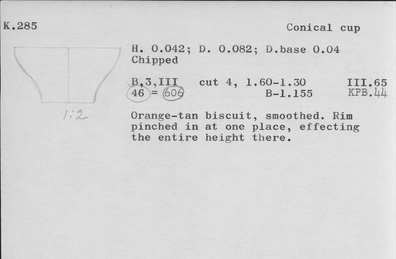 Index card with typed and handwritten information, sometimes including a sketch, of pottery from an excavation.