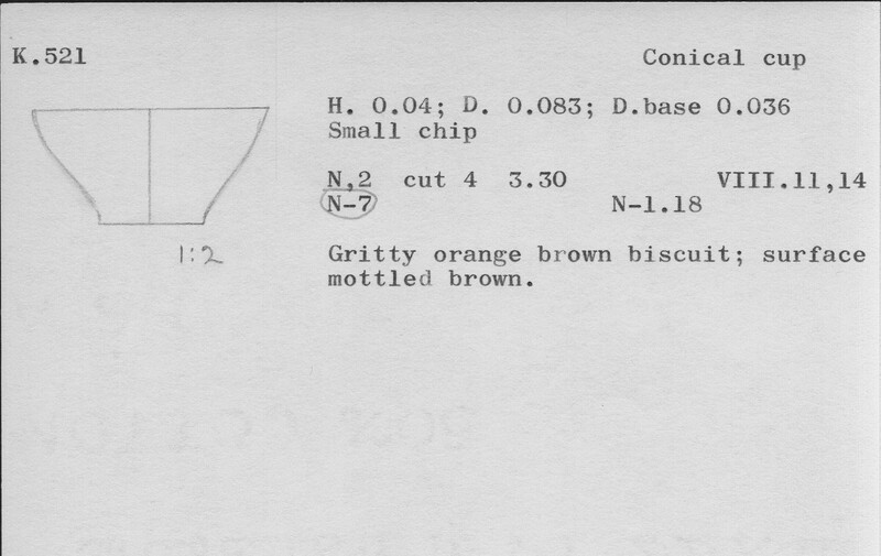 Index card with typed and handwritten information, sometimes including a sketch, of pottery from an excavation.