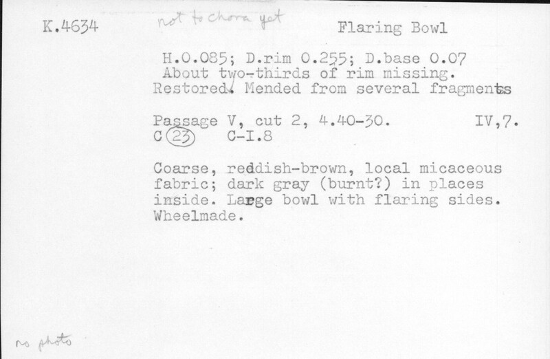 Index card with typed and handwritten information, sometimes including a sketch, of pottery from an excavation.
