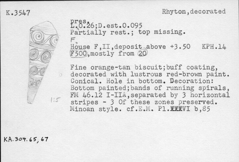 Index card with typed and handwritten information, sometimes including a sketch, of pottery from an excavation.