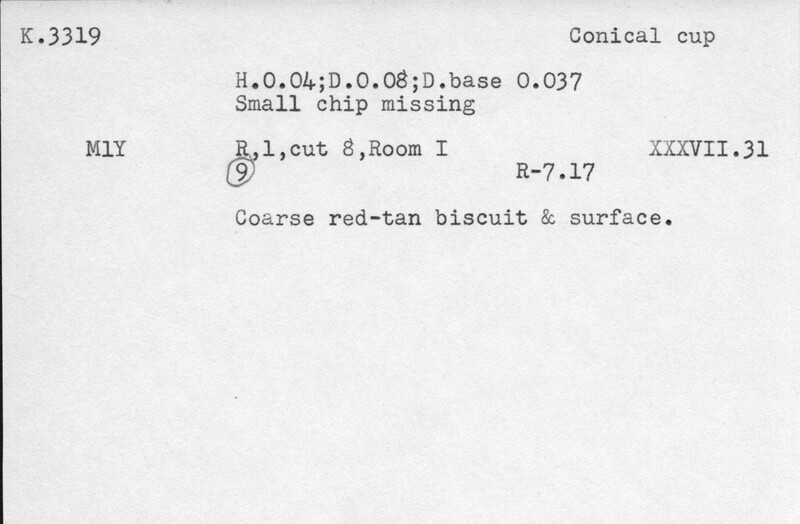 Index card with typed and handwritten information, sometimes including a sketch, of pottery from an excavation.