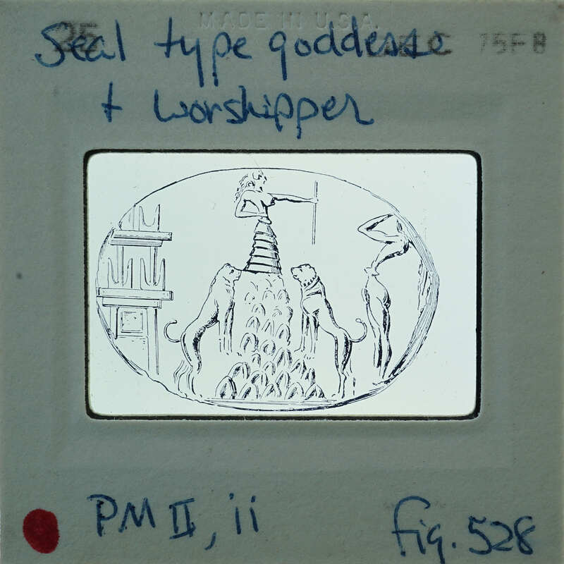 Ancient seal type with a depiction of a deity and worshipers, encased in a protective holder.