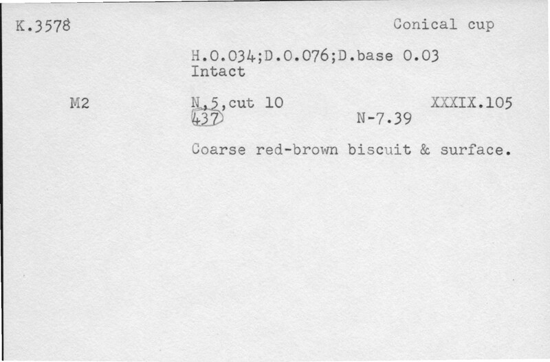 Index card with typed and handwritten information, sometimes including a sketch, of pottery from an excavation.