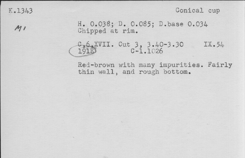 Index card with typed and handwritten information, sometimes including a sketch, of pottery from an excavation.
