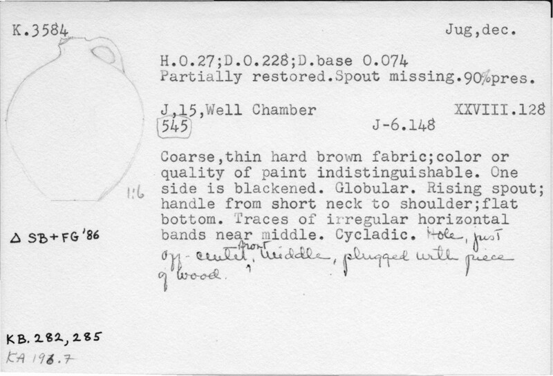 Index card with typed and handwritten information, sometimes including a sketch, of pottery from an excavation.