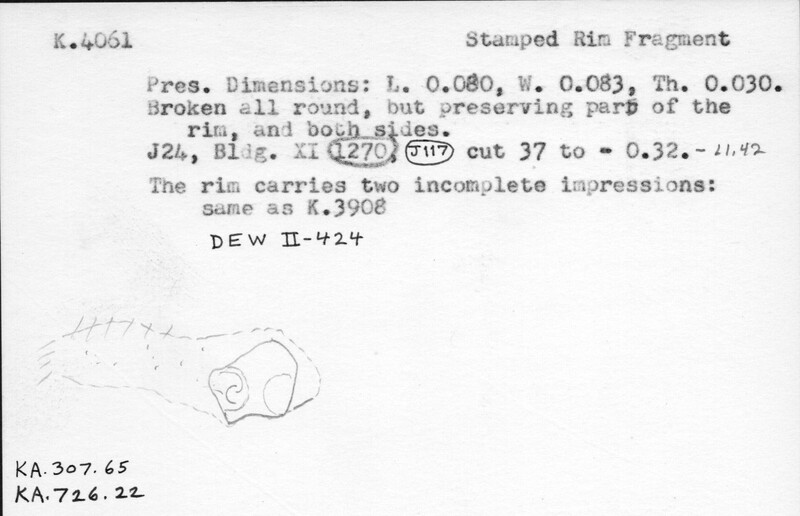 Index card with typed and handwritten information, sometimes including a sketch, of pottery from an excavation.