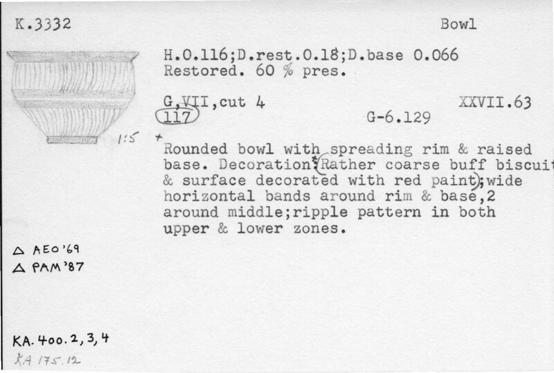 Index card with typed and handwritten information, sometimes including a sketch, of pottery from an excavation.