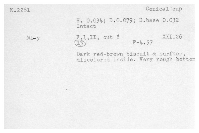 Index card with typed and handwritten information, sometimes including a sketch, of pottery from an excavation.