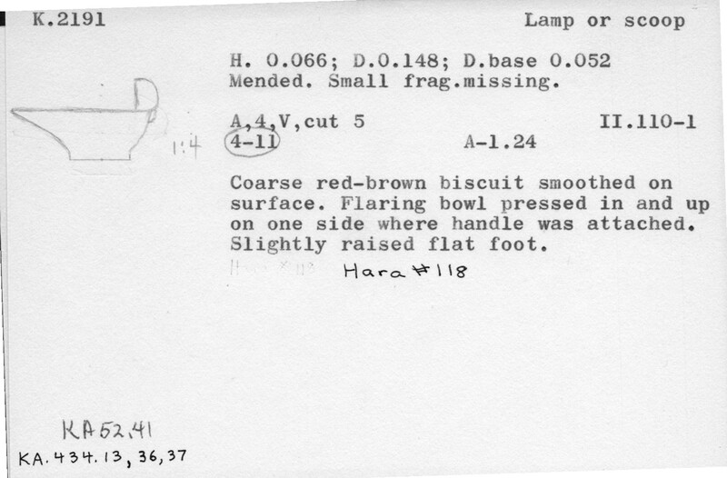 Index card with typed and handwritten information, sometimes including a sketch, of pottery from an excavation.