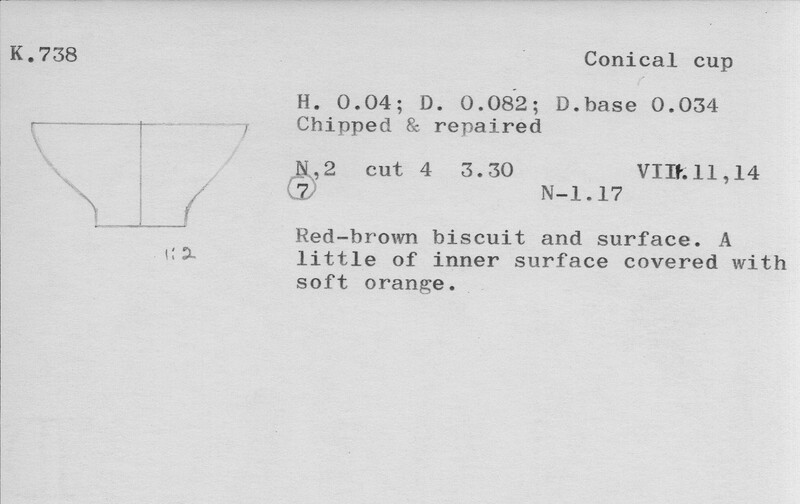 Index card with typed and handwritten information, sometimes including a sketch, of pottery from an excavation.