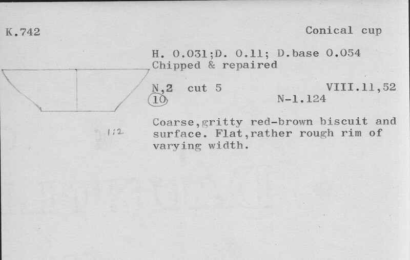Index card with typed and handwritten information, sometimes including a sketch, of pottery from an excavation.