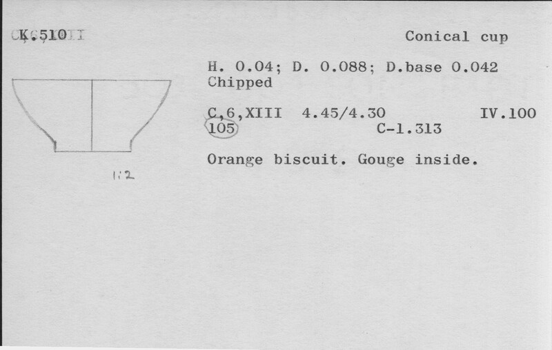 Index card with typed and handwritten information, sometimes including a sketch, of pottery from an excavation.