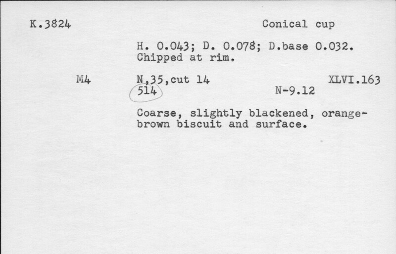 Index card with typed and handwritten information, sometimes including a sketch, of pottery from an excavation.