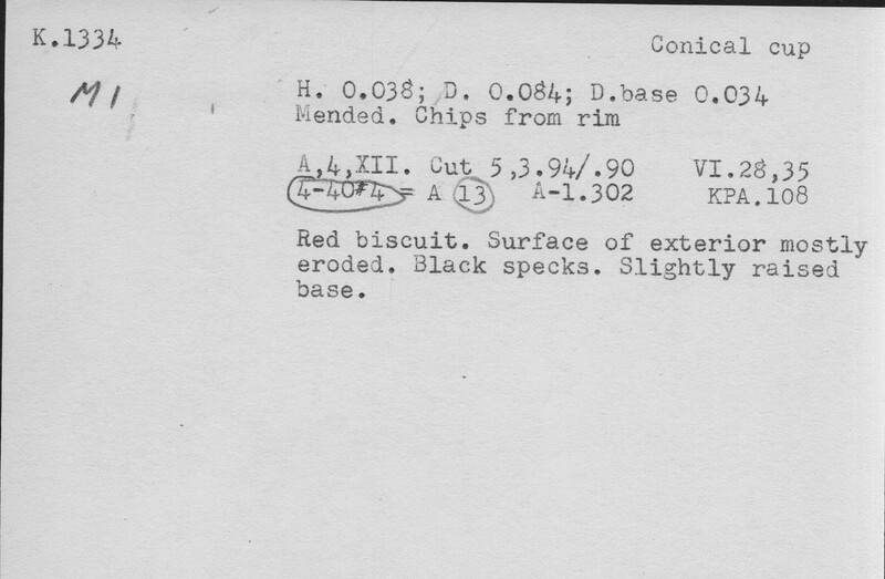 Index card with typed and handwritten information, sometimes including a sketch, of pottery from an excavation.