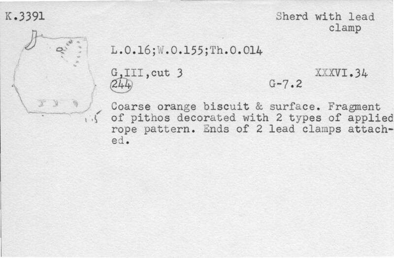 Index card with typed and handwritten information, sometimes including a sketch, of pottery from an excavation.