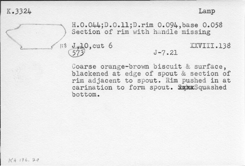 Index card with typed and handwritten information, sometimes including a sketch, of pottery from an excavation.