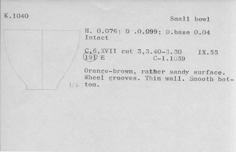 Index card with typed and handwritten information, sometimes including a sketch, of pottery from an excavation.