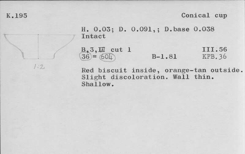 Index card with typed and handwritten information, sometimes including a sketch, of pottery from an excavation.