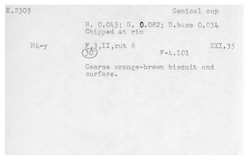 Index card with typed and handwritten information, sometimes including a sketch, of pottery from an excavation.