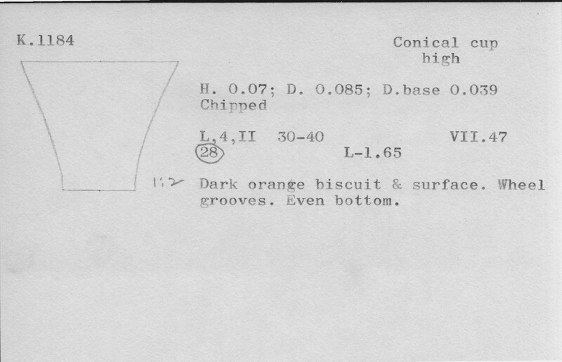Index card with typed and handwritten information, sometimes including a sketch, of pottery from an excavation.