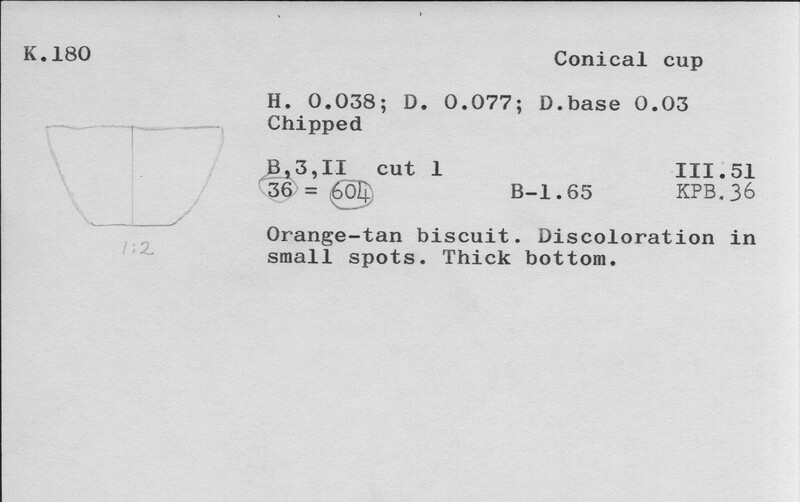 Index card with typed and handwritten information, sometimes including a sketch, of pottery from an excavation.