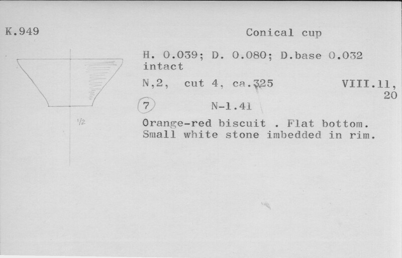 Index card with typed and handwritten information, sometimes including a sketch, of pottery from an excavation.