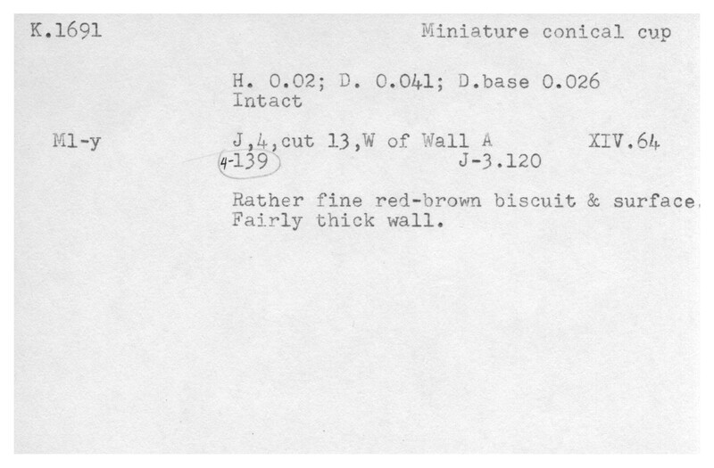 Index card with typed and handwritten information, sometimes including a sketch, of pottery from an excavation.