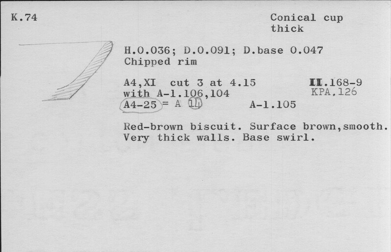 Index card with typed and handwritten information, sometimes including a sketch, of pottery from an excavation.