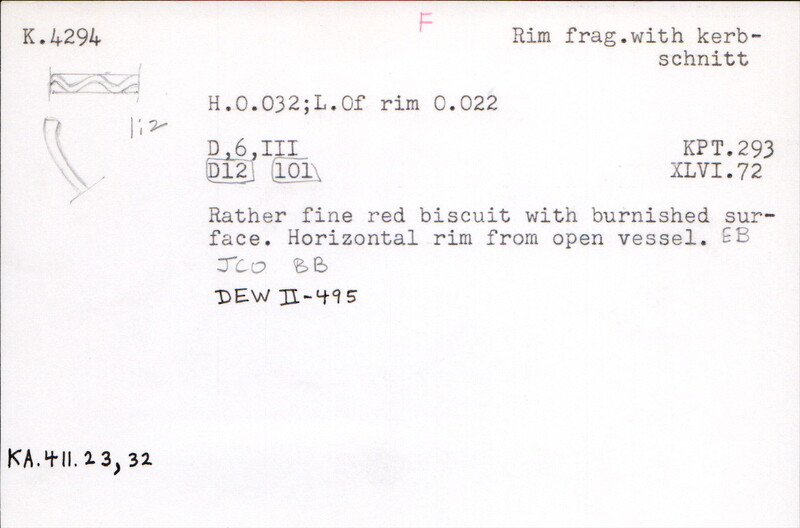 Index card with typed and handwritten information, sometimes including a sketch, of pottery from an excavation.