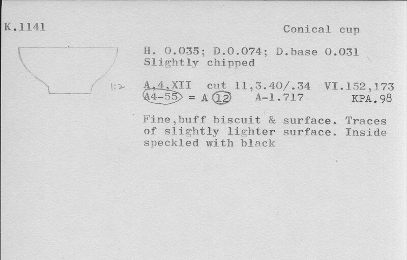 Index card with typed and handwritten information, sometimes including a sketch, of pottery from an excavation.