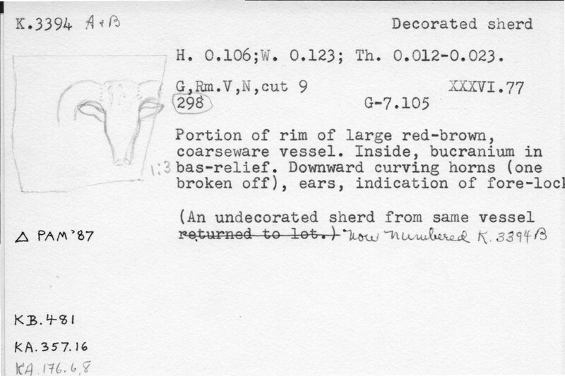 Index card with typed and handwritten information, sometimes including a sketch, of pottery from an excavation.