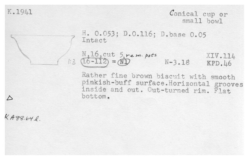Index card with typed and handwritten information, sometimes including a sketch, of pottery from an excavation.