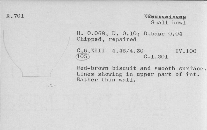 Index card with typed and handwritten information, sometimes including a sketch, of pottery from an excavation.