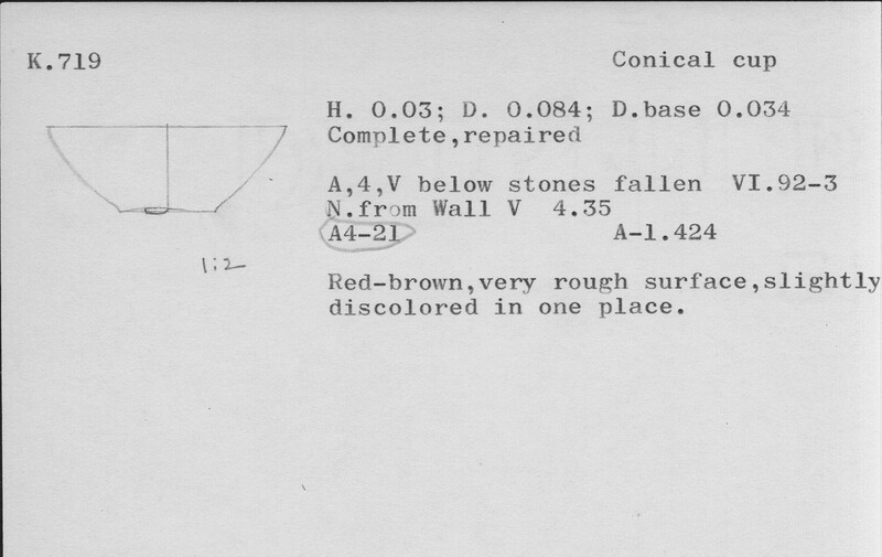 Index card with typed and handwritten information, sometimes including a sketch, of pottery from an excavation.