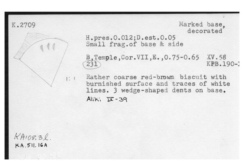 Index card with typed and handwritten information, sometimes including a sketch, of pottery from an excavation.