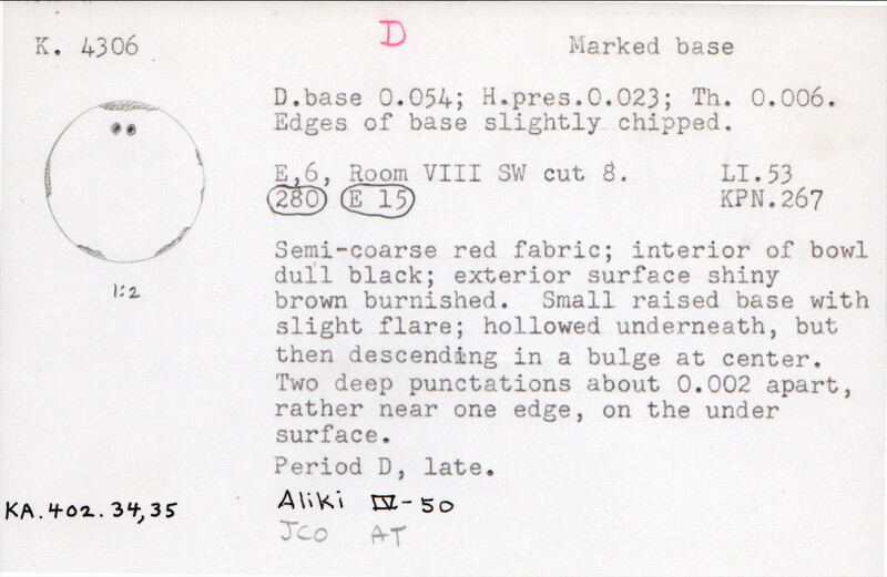 Index card with typed and handwritten information, sometimes including a sketch, of pottery from an excavation.