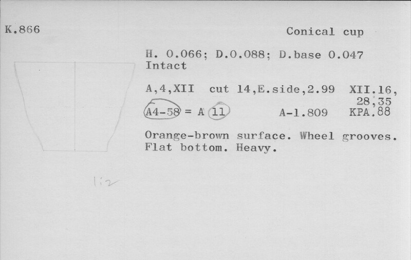 Index card with typed and handwritten information, sometimes including a sketch, of pottery from an excavation.