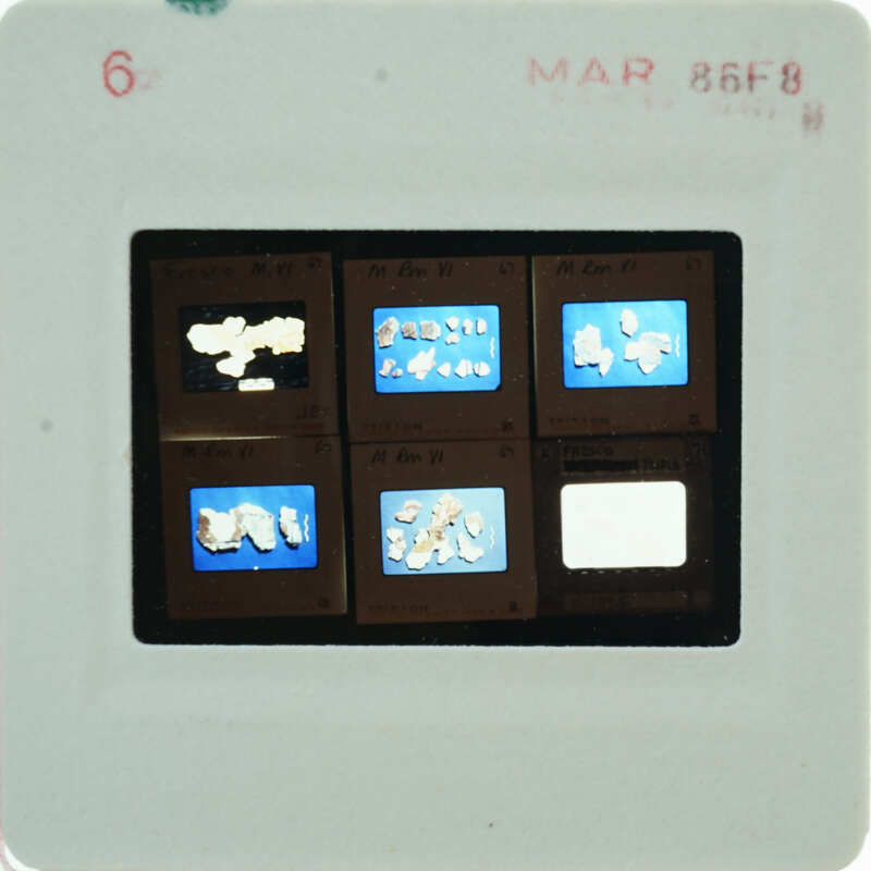 A slide of multiple slides of painted wall plaster fragments