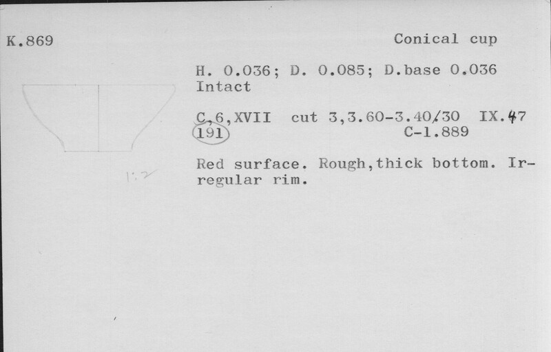 Index card with typed and handwritten information, sometimes including a sketch, of pottery from an excavation.