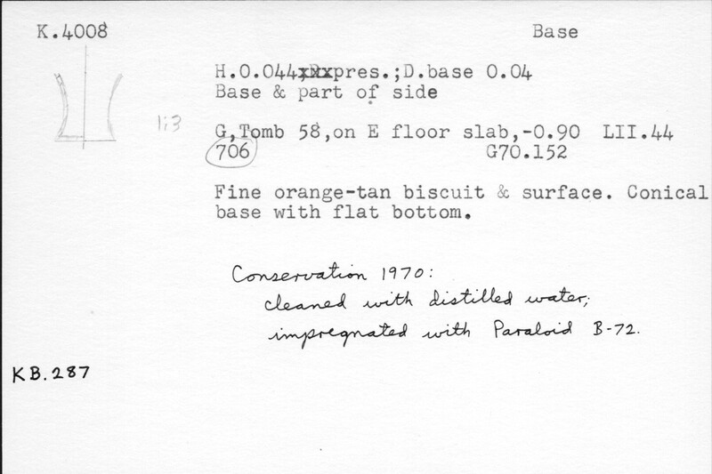 Index card with typed and handwritten information, sometimes including a sketch, of pottery from an excavation.