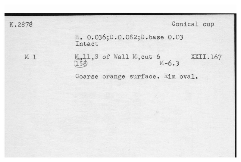 Index card with typed and handwritten information, sometimes including a sketch, of pottery from an excavation.