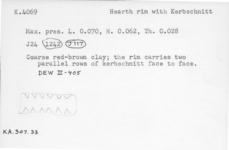Index card with typed and handwritten information, sometimes including a sketch, of pottery from an excavation.