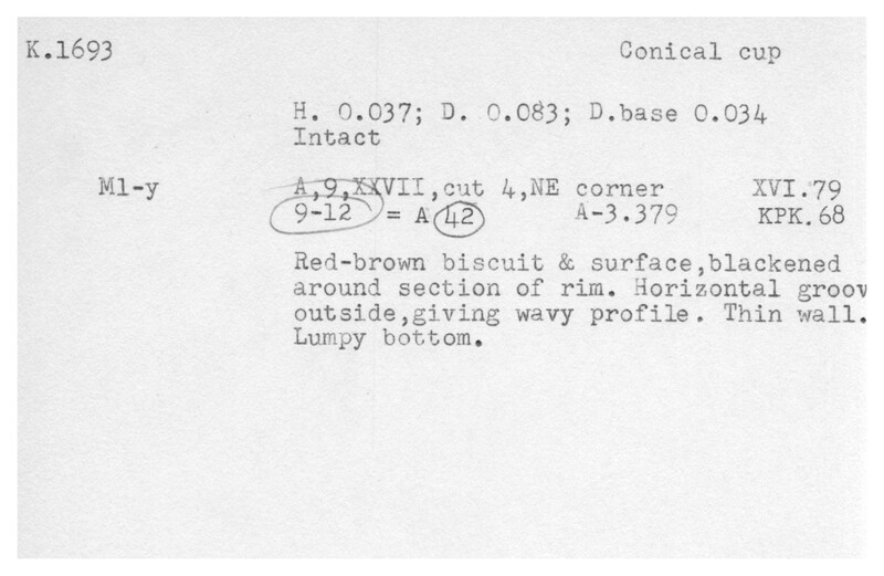 Index card with typed and handwritten information, sometimes including a sketch, of pottery from an excavation.