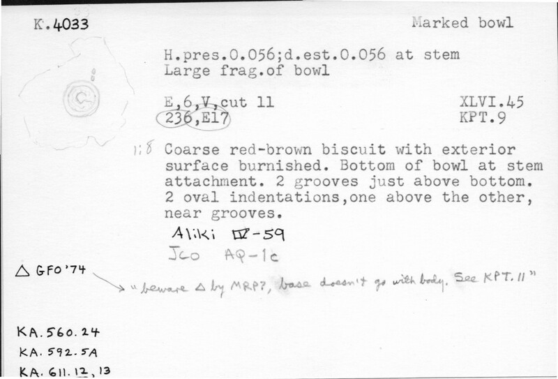 Index card with typed and handwritten information, sometimes including a sketch, of pottery from an excavation.